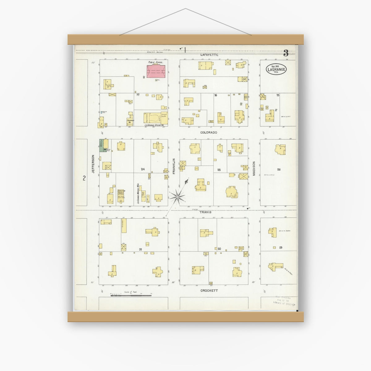 Old map wall art mockup — magnetic wood frame on white wall — Sanborn Fire Insurance Map from La Grange, Fayette County, Texas (1901), Sheet #0003