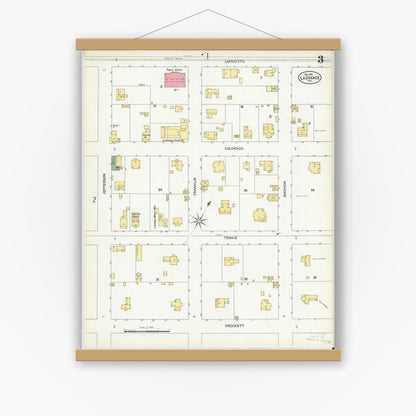 Old map wall art mockup — magnetic wood frame on white wall — Sanborn Fire Insurance Map from La Grange, Fayette County, Texas (1901), Sheet #0003