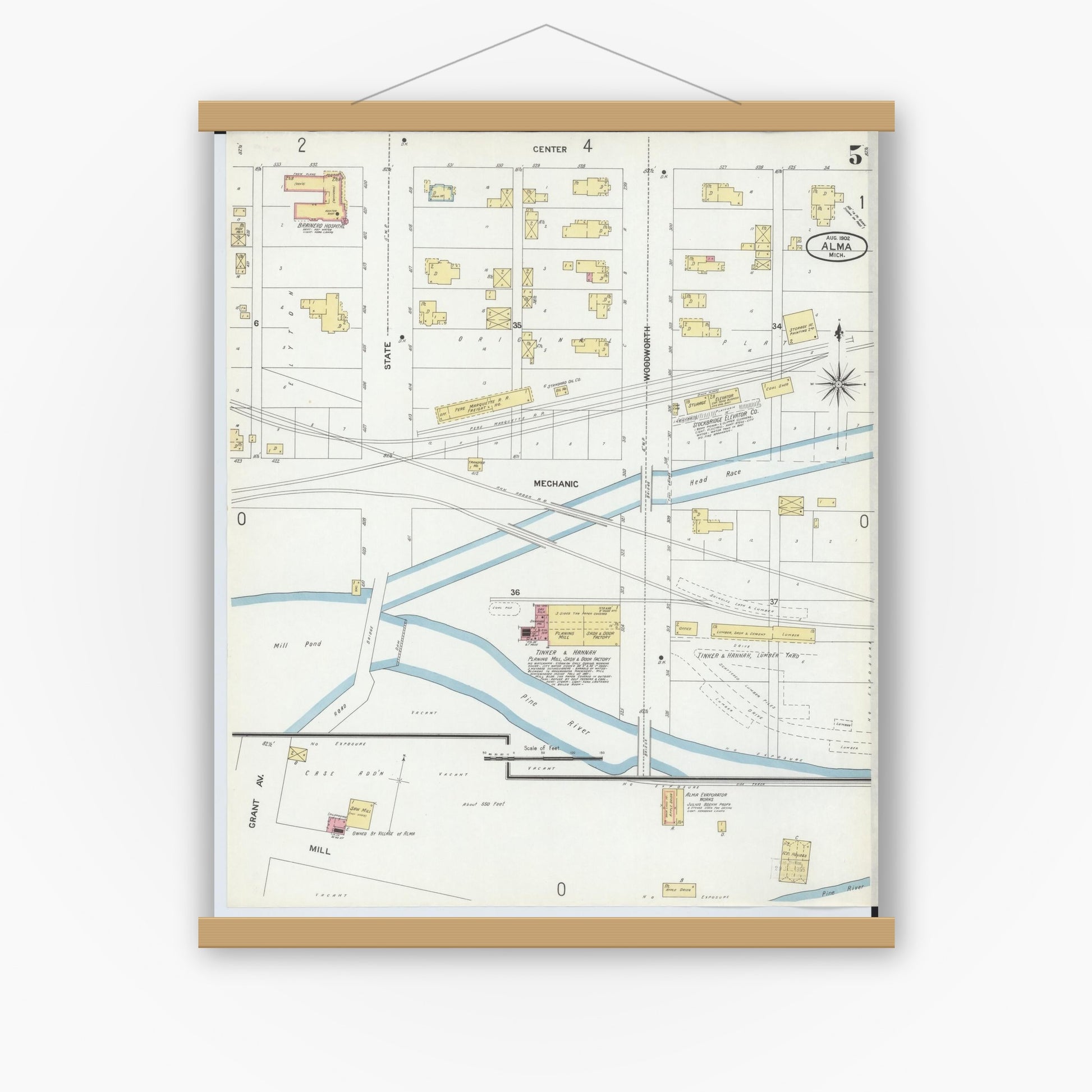 Old map wall art mockup — magnetic wood frame on white wall — Sanborn Fire Insurance Map from Alma, Gratiot County, Michigan (1902), Sheet #0005