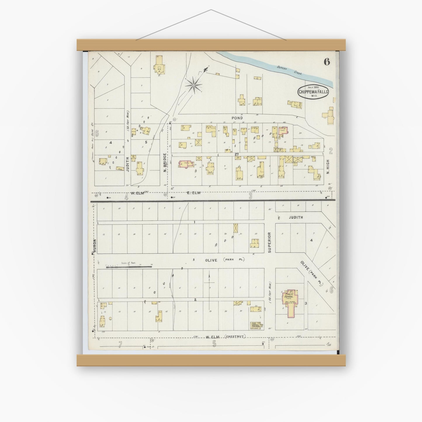 Old map wall art mockup — magnetic wood frame on white wall — Sanborn Fire Insurance Map from Chippewa Falls, Chippewa County, Wisconsin (1895), Sheet #0006