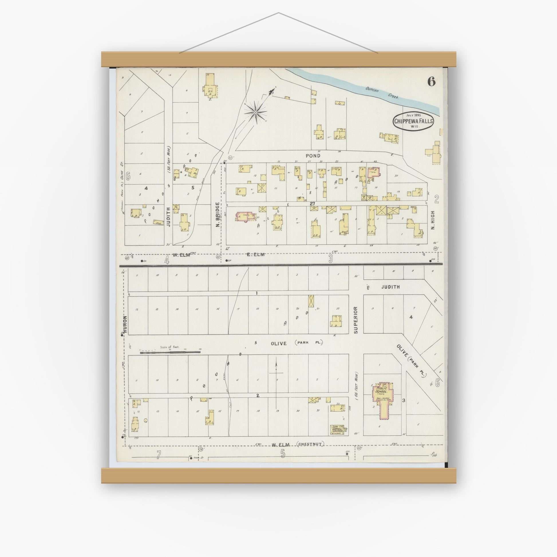 Old map wall art mockup — magnetic wood frame on white wall — Sanborn Fire Insurance Map from Chippewa Falls, Chippewa County, Wisconsin (1895), Sheet #0006