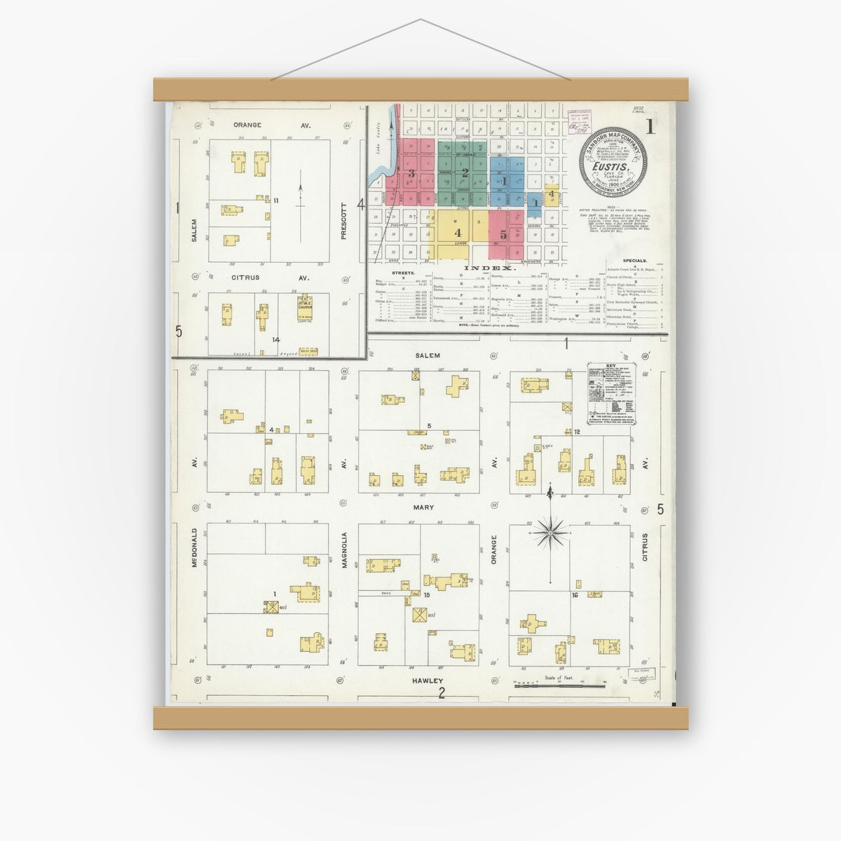 Old map wall art mockup — magnetic wood frame on white wall — Sanborn Fire Insurance Map from Eustis, Lake County, Florida (1906) - Complete Map Set