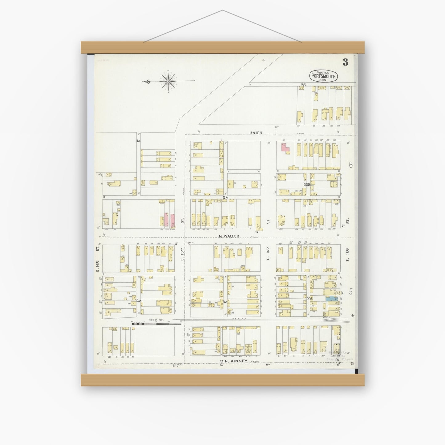 Old map wall art mockup — magnetic wood frame on white wall — Sanborn Fire Insurance Map from Portsmouth, Scioto County, Ohio (1904), Sheet #0003