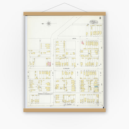 Old map wall art mockup — magnetic wood frame on white wall — Sanborn Fire Insurance Map from Portsmouth, Scioto County, Ohio (1904), Sheet #0003