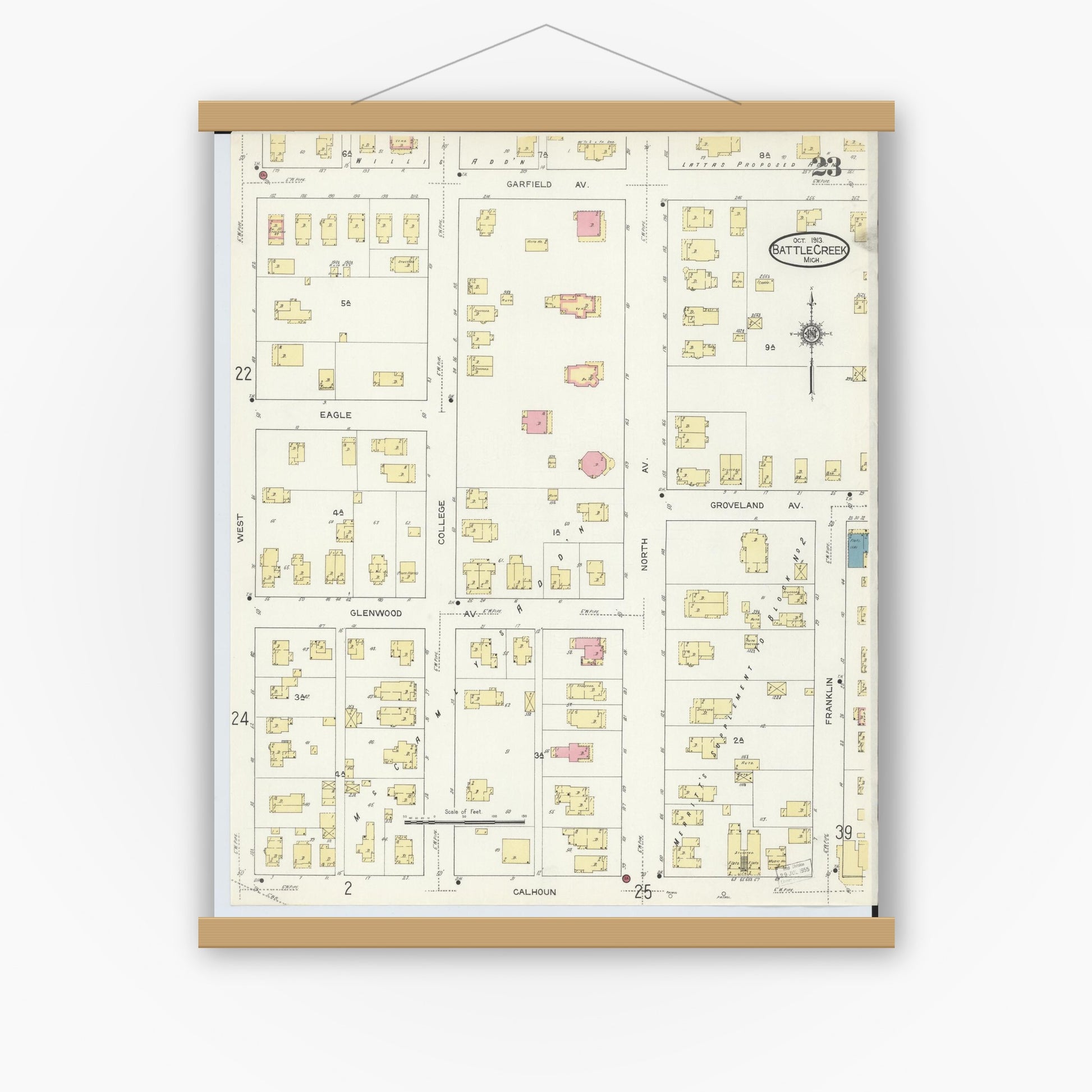 Old map wall art mockup — magnetic wood frame on white wall — Sanborn Fire Insurance Map from Battle Creek, Calhoun County, Michigan (1913), Sheet #0023