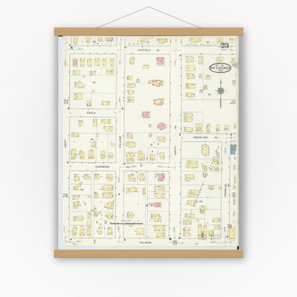 Old map wall art mockup — magnetic wood frame on white wall — Sanborn Fire Insurance Map from Battle Creek, Calhoun County, Michigan (1913), Sheet #0023