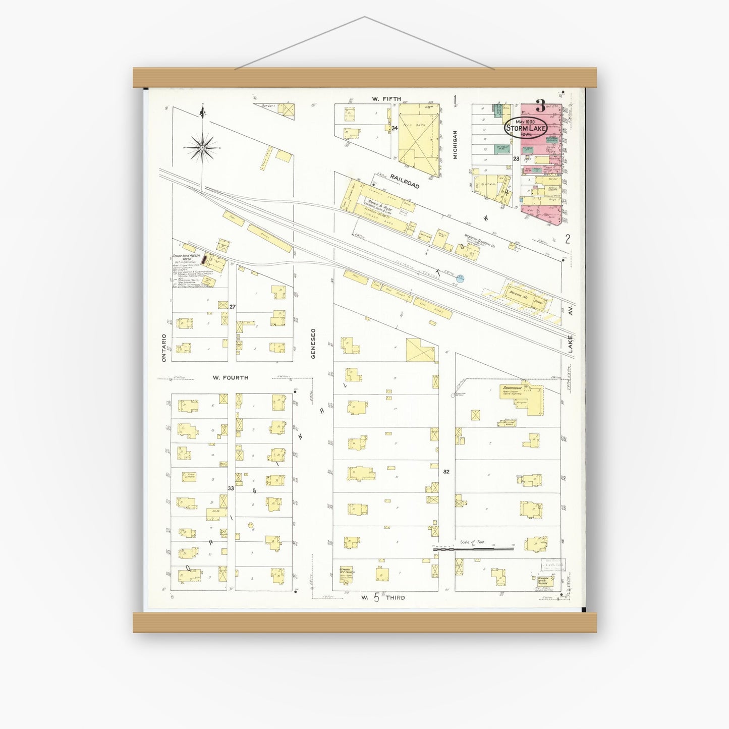 Old map wall art mockup — magnetic wood frame on white wall — Sanborn Fire Insurance Map from Storm Lake, Buena Vista County, Iowa (1909), Sheet #0003
