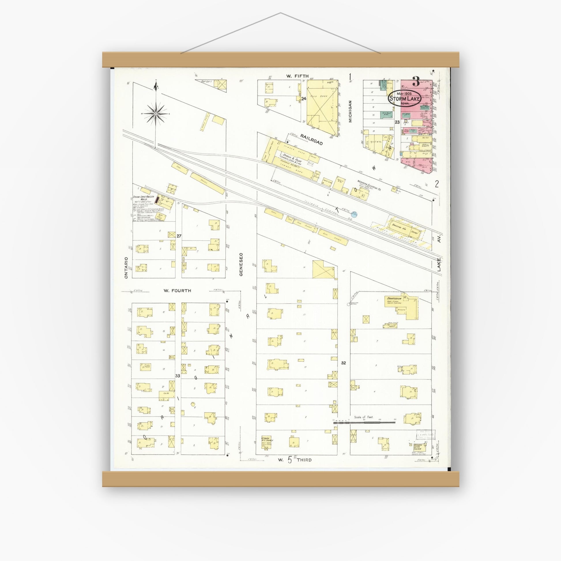 Old map wall art mockup — magnetic wood frame on white wall — Sanborn Fire Insurance Map from Storm Lake, Buena Vista County, Iowa (1909), Sheet #0003