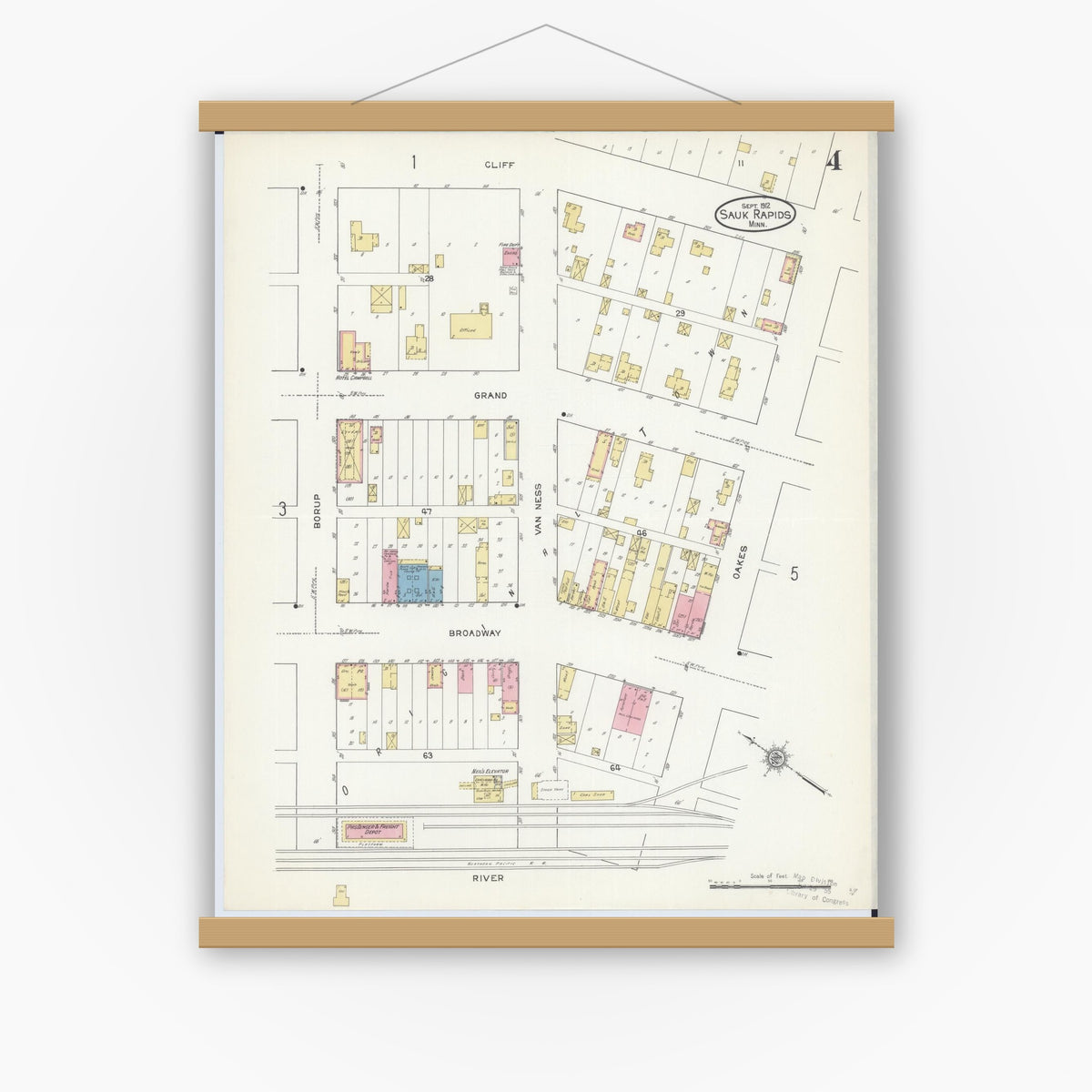 Old map wall art mockup — magnetic wood frame on white wall — Sanborn Fire Insurance Map from Sauk Rapids, Benton County, Minnesota (1912), Sheet #0004