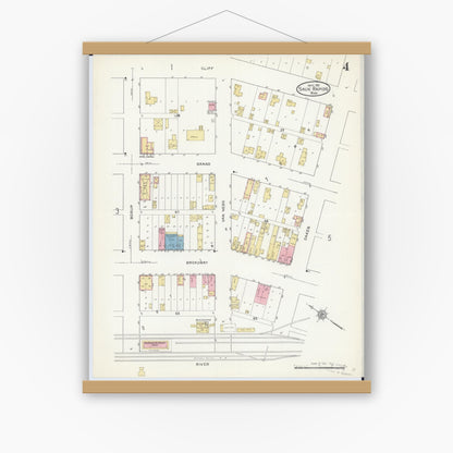 Old map wall art mockup — magnetic wood frame on white wall — Sanborn Fire Insurance Map from Sauk Rapids, Benton County, Minnesota (1912), Sheet #0004