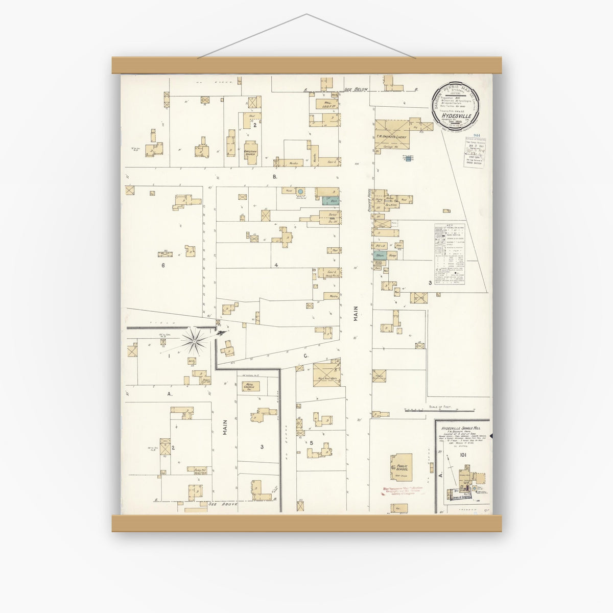 Old map wall art mockup — magnetic wood frame on white wall — Sanborn Fire Insurance Map from Hydesville, Humboldt County, California (1900), Sheet #0001