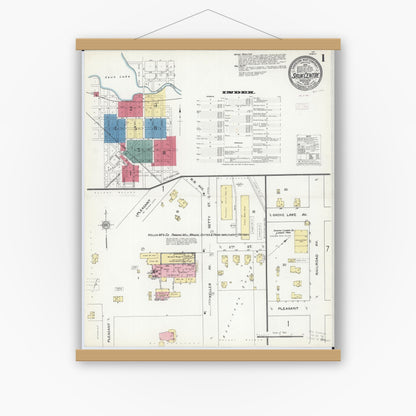 Old map wall art mockup — magnetic wood frame on white wall — Sanborn Fire Insurance Map from Sauk Centre, Stearns County, Minnesota (1909), Sheet #0001