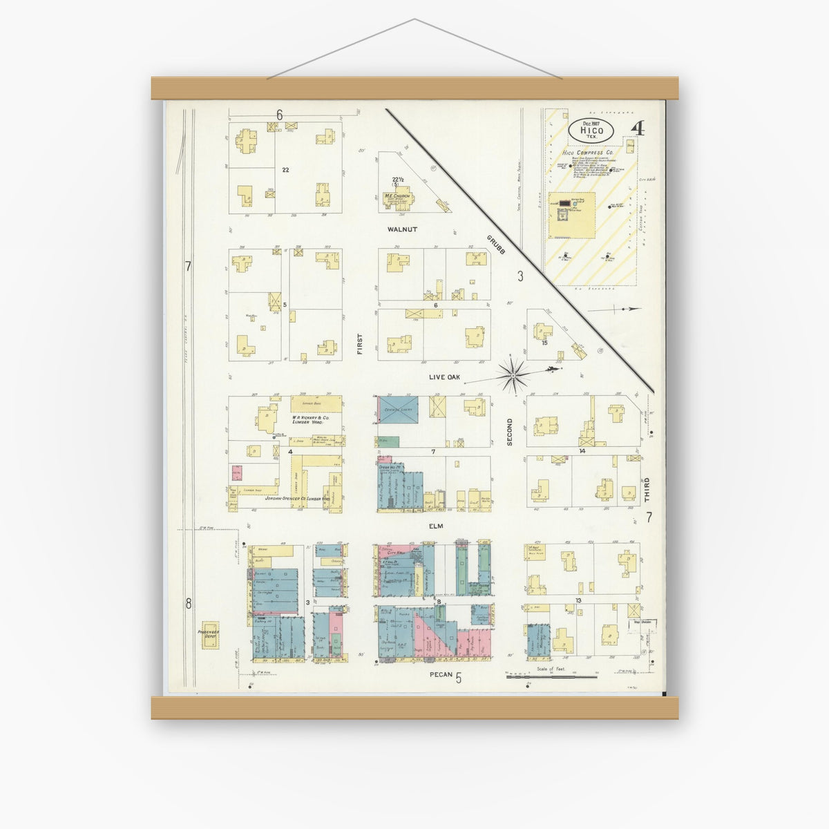 Old map wall art mockup — magnetic wood frame on white wall — Sanborn Fire Insurance Map from Hico, Hamilton County, Texas (1907), Sheet #0004