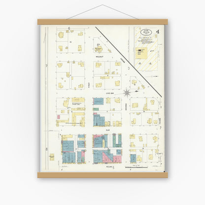 Old map wall art mockup — magnetic wood frame on white wall — Sanborn Fire Insurance Map from Hico, Hamilton County, Texas (1907), Sheet #0004