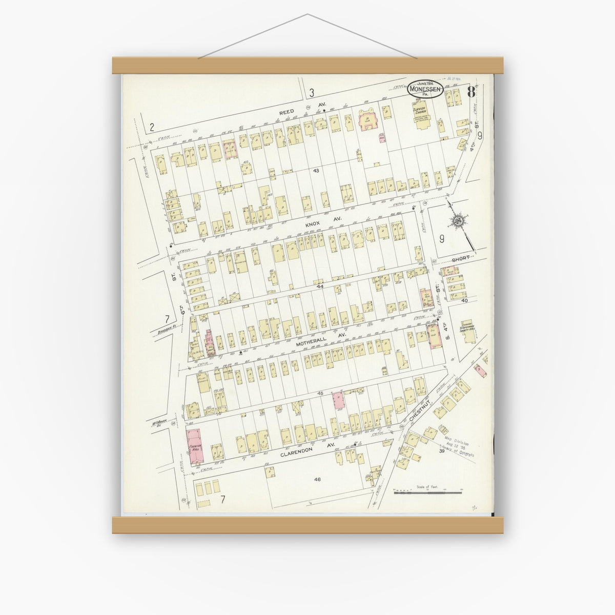 Old map wall art mockup — magnetic wood frame on white wall — Sanborn Fire Insurance Map from Monessen, Westmoreland County, Pennsylvania (1914), Sheet #0008