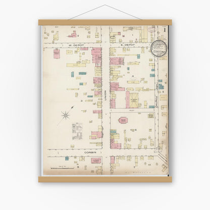 Old map wall art mockup — magnetic wood frame on white wall — Sanborn Fire Insurance Map from Concord, Cabarrus County, North Carolina (1885), Sheet #0001