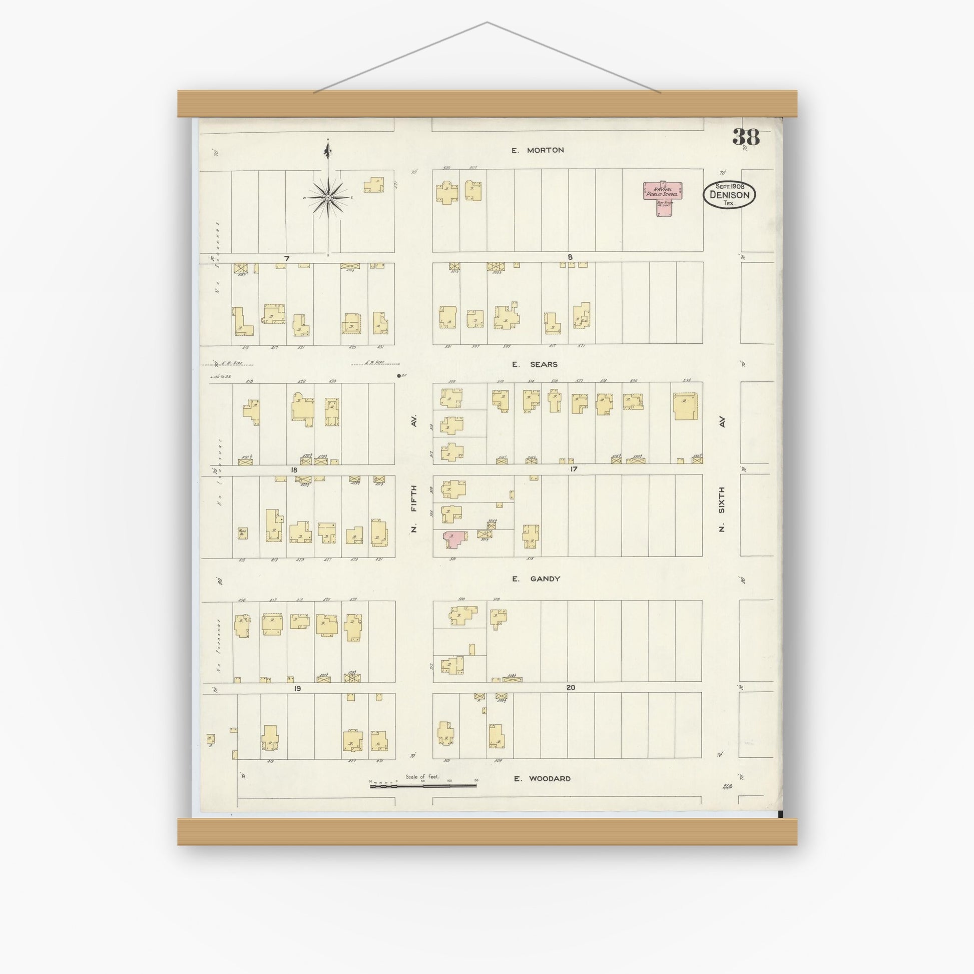 Old map wall art mockup — magnetic wood frame on white wall — Sanborn Fire Insurance Map from Denison, Grayson County, Texas (1908), Sheet #0038