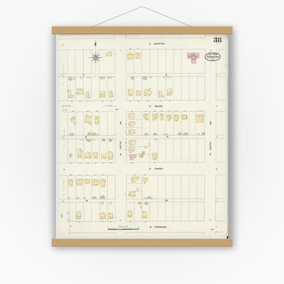 Old map wall art mockup — magnetic wood frame on white wall — Sanborn Fire Insurance Map from Denison, Grayson County, Texas (1908), Sheet #0038