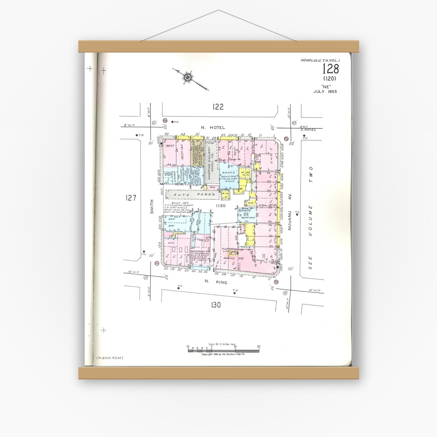 Old map wall art mockup — magnetic wood frame on white wall — Sanborn Fire Insurance Map from Honolulu, Oahu County, Hawaii (1955), Sheet #0128