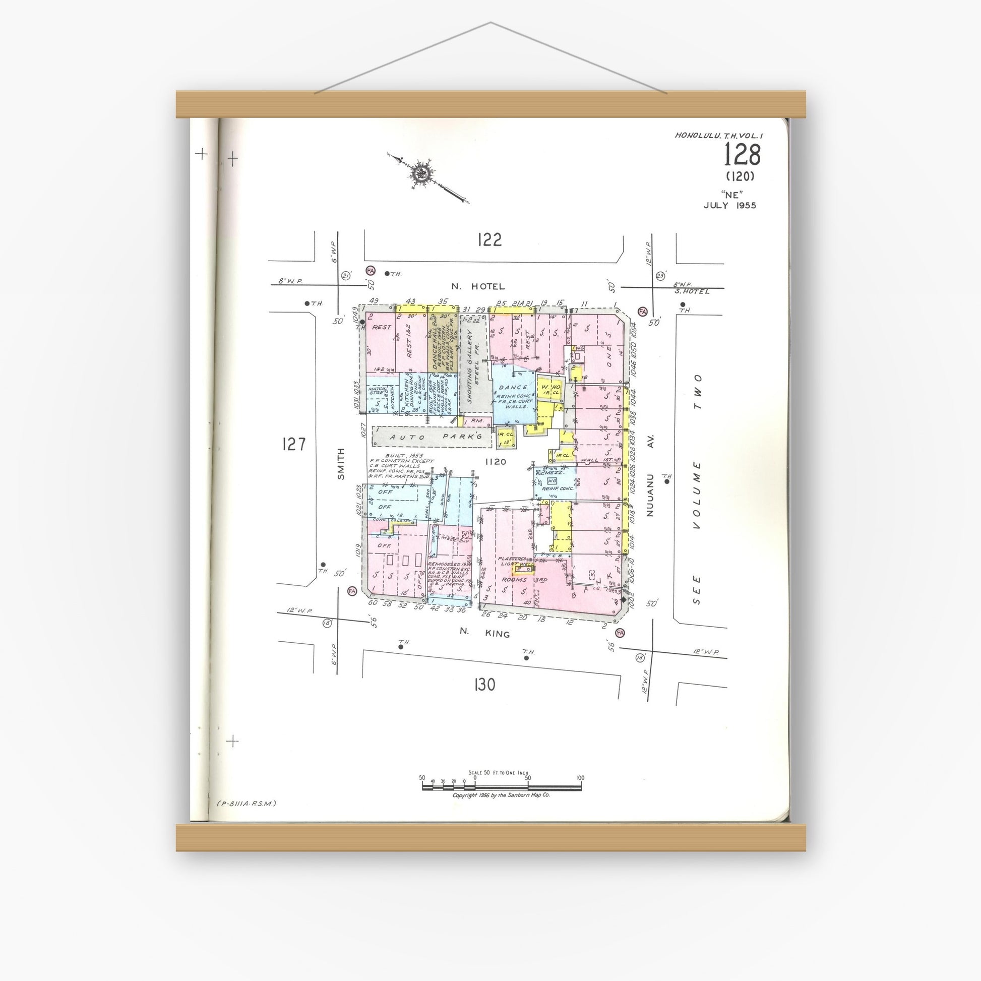 Old map wall art mockup — magnetic wood frame on white wall — Sanborn Fire Insurance Map from Honolulu, Oahu County, Hawaii (1955), Sheet #0128