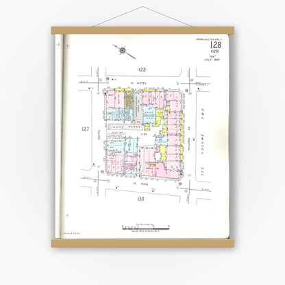 Old map wall art mockup — magnetic wood frame on white wall — Sanborn Fire Insurance Map from Honolulu, Oahu County, Hawaii (1955), Sheet #0128