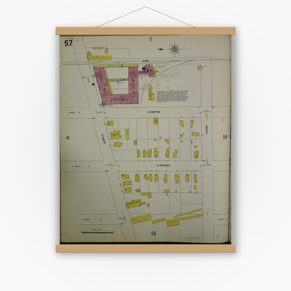 Old map wall art mockup — magnetic wood frame on white wall — Sanborn Fire Insurance Map from Jackson, Jackson County, Michigan (1907), Sheet #0057