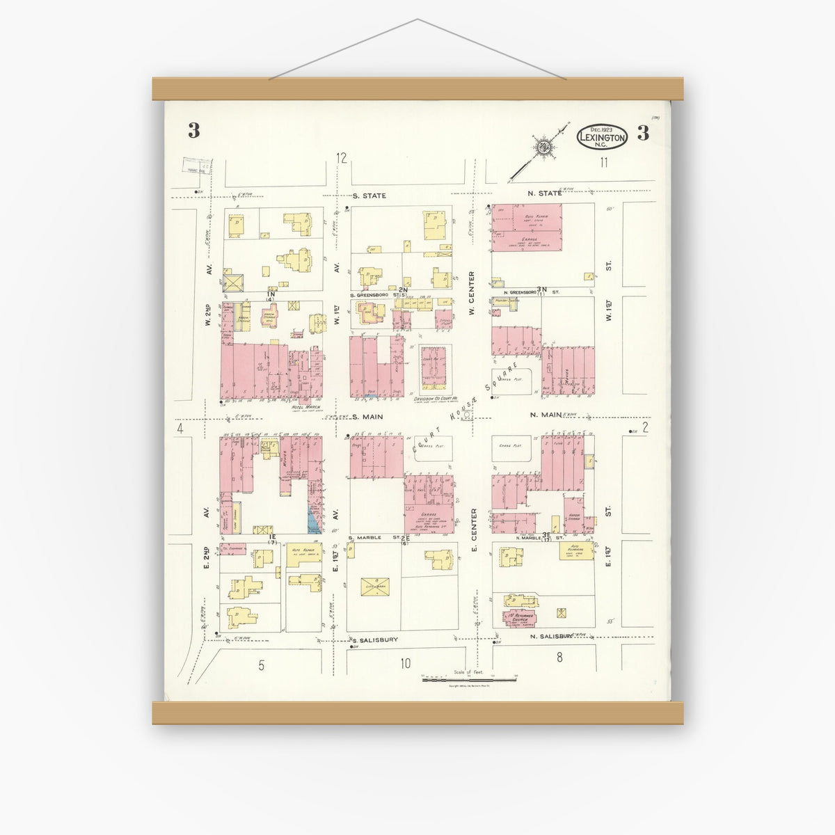 Old map wall art mockup — magnetic wood frame on white wall — Sanborn Fire Insurance Map from Lexington, Davidson County, North Carolina (1923), Sheet #0003