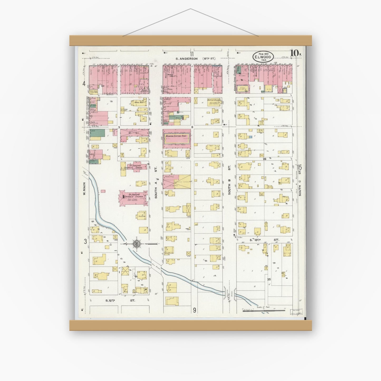 Old map wall art mockup — magnetic wood frame on white wall — Sanborn Fire Insurance Map from Elwood, Madison County, Indiana (1910), Sheet #0010