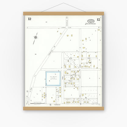 Old map wall art mockup — magnetic wood frame on white wall — Sanborn Fire Insurance Map from Taylor, Williamson County, Texas (1923), Sheet #0012