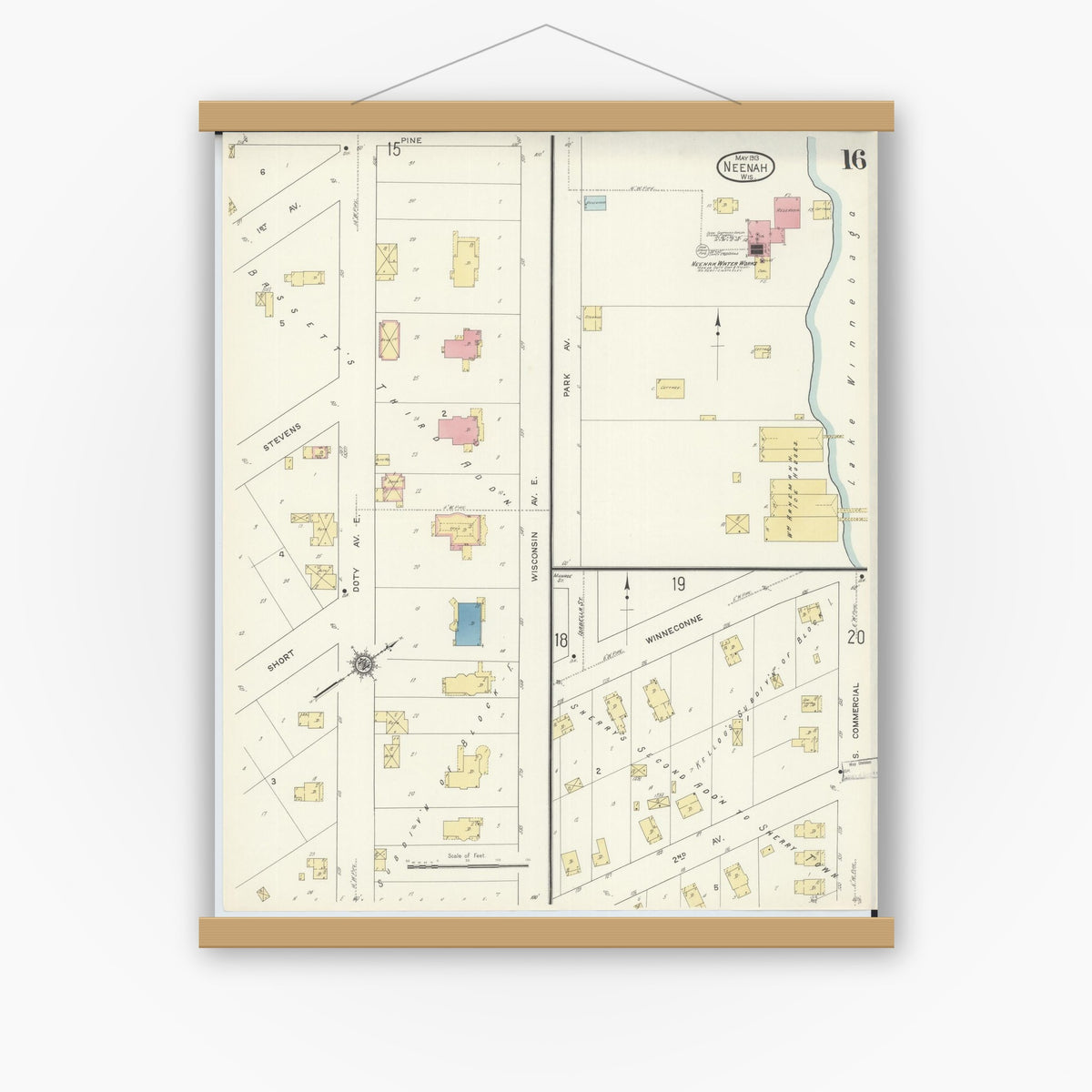 Old map wall art mockup — magnetic wood frame on white wall — Sanborn Fire Insurance Map from Neenah, Winnebago County, Wisconsin (1913), Sheet #0016