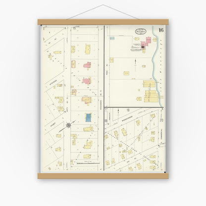 Old map wall art mockup — magnetic wood frame on white wall — Sanborn Fire Insurance Map from Neenah, Winnebago County, Wisconsin (1913), Sheet #0016
