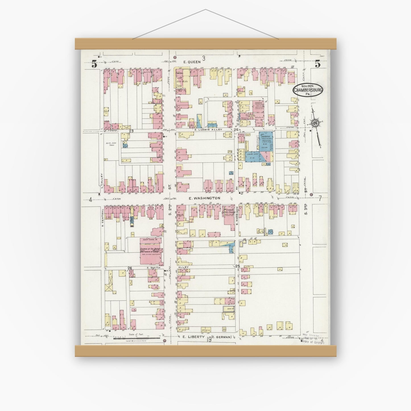 Old map wall art mockup — magnetic wood frame on white wall — Sanborn Fire Insurance Map from Chambersburg, Franklin County, Pennsylvania (1924), Sheet #0005