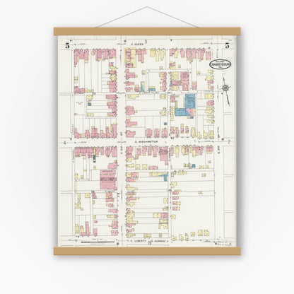 Old map wall art mockup — magnetic wood frame on white wall — Sanborn Fire Insurance Map from Chambersburg, Franklin County, Pennsylvania (1924), Sheet #0005