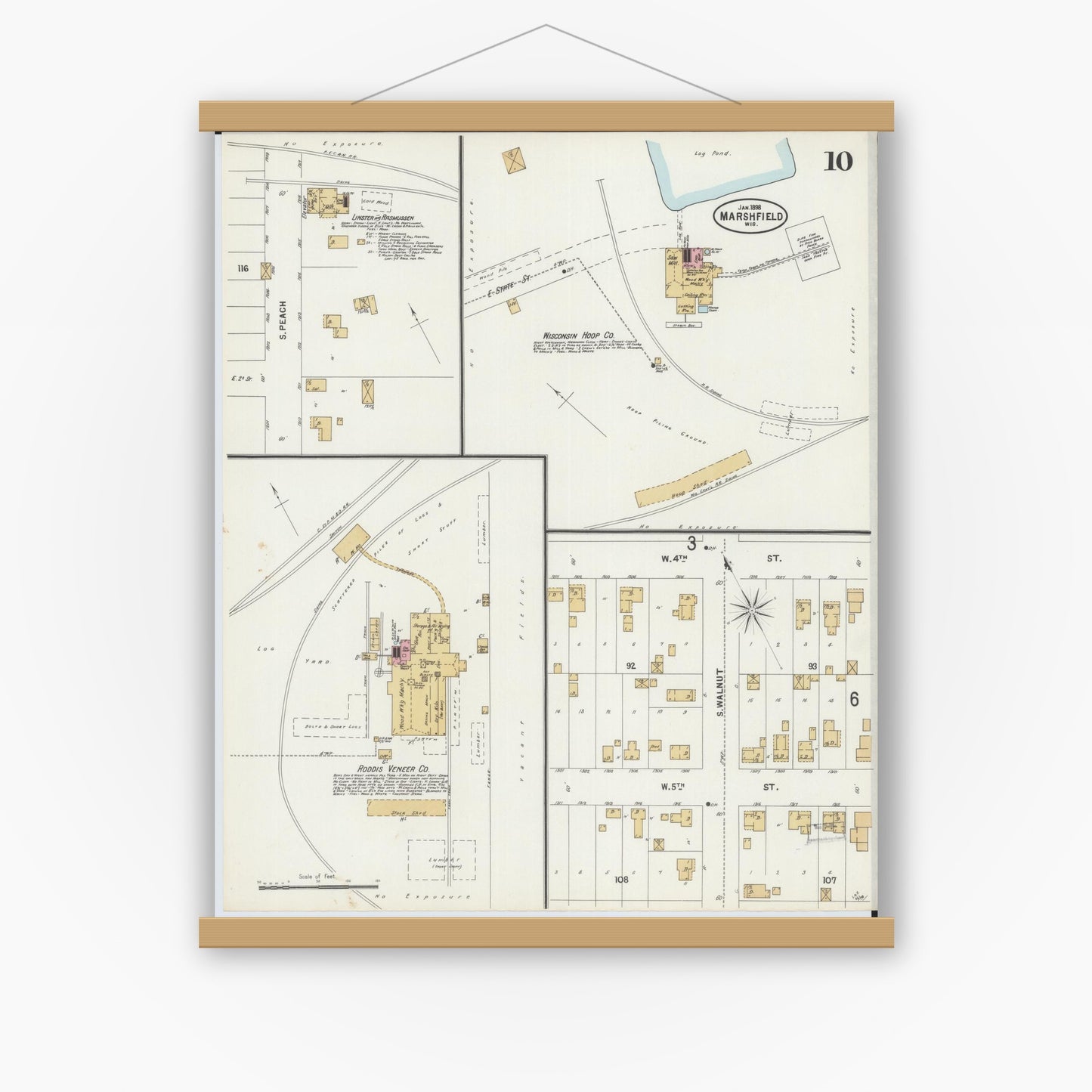 Old map wall art mockup — magnetic wood frame on white wall — Sanborn Fire Insurance Map from Marshfield, Wood County, Wisconsin (1898), Sheet #0010