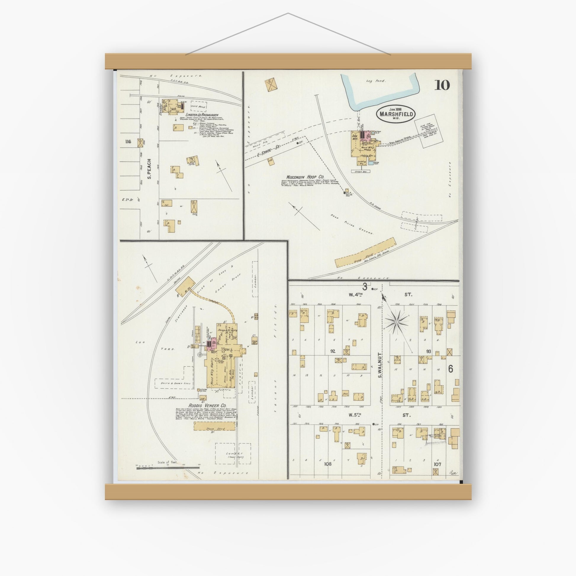 Old map wall art mockup — magnetic wood frame on white wall — Sanborn Fire Insurance Map from Marshfield, Wood County, Wisconsin (1898), Sheet #0010