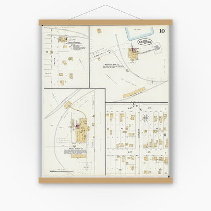 Old map wall art mockup — magnetic wood frame on white wall — Sanborn Fire Insurance Map from Marshfield, Wood County, Wisconsin (1898), Sheet #0010