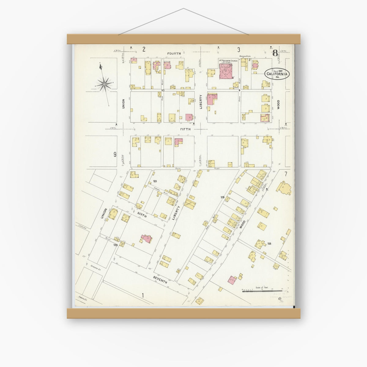 Old map wall art mockup — magnetic wood frame on white wall — Sanborn Fire Insurance Map from California, Washington County, Pennsylvania (1907), Sheet #0008