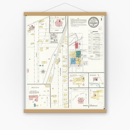 Old map wall art mockup — magnetic wood frame on white wall — Sanborn Fire Insurance Map from Sigourney, Kiokuk County, Iowa (1906) â€” Complete Set