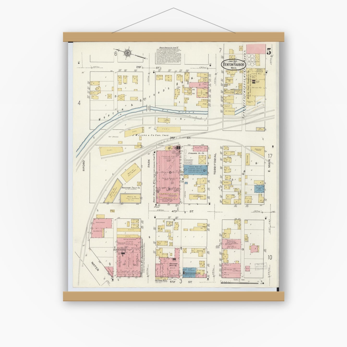 Old map wall art mockup — magnetic wood frame on white wall — Sanborn Fire Insurance Map from Benton Harbor, Berrien County, Michigan (1917), Sheet #0005