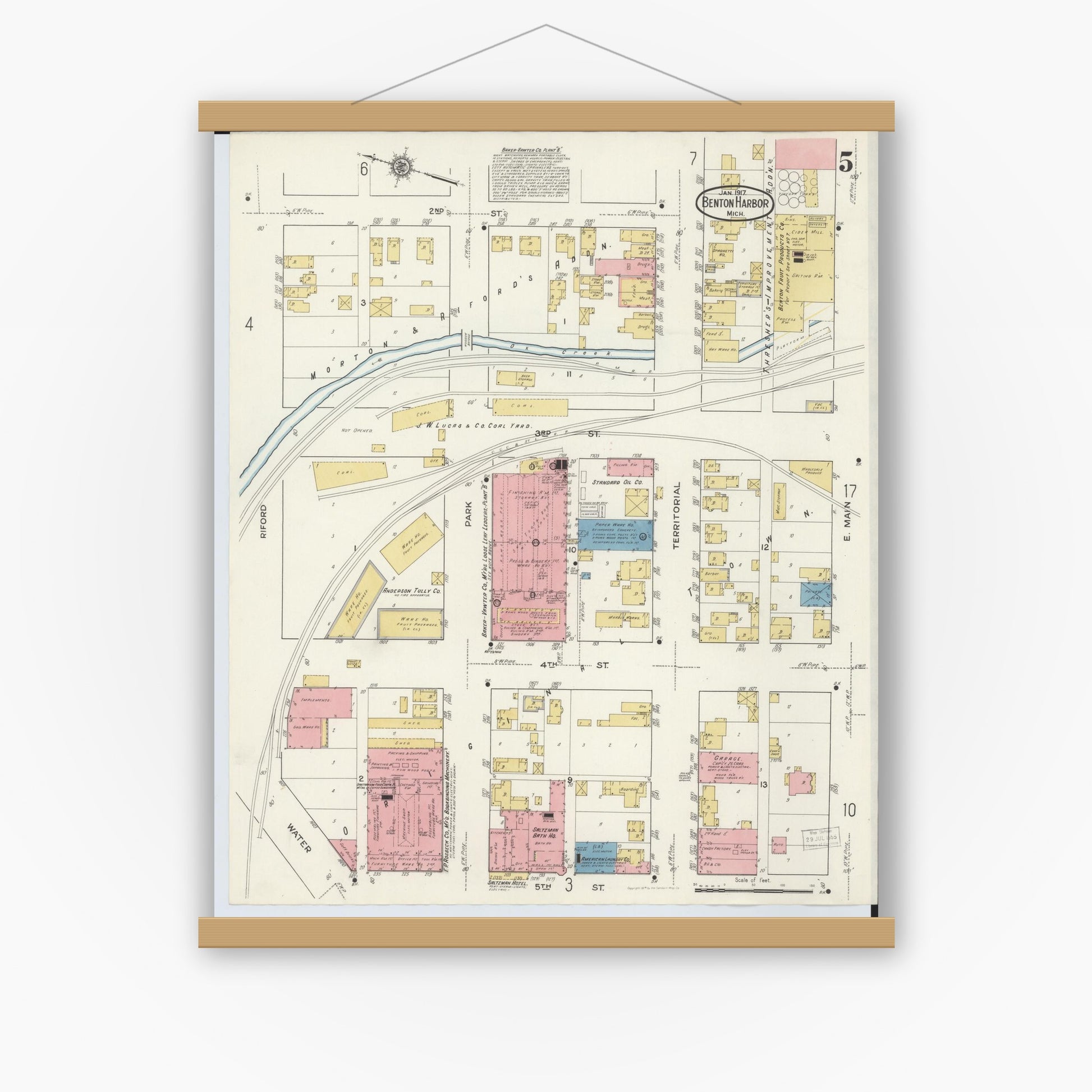 Old map wall art mockup — magnetic wood frame on white wall — Sanborn Fire Insurance Map from Benton Harbor, Berrien County, Michigan (1917), Sheet #0005