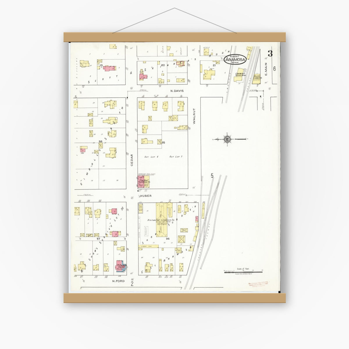 Old map wall art mockup — magnetic wood frame on white wall — Sanborn Fire Insurance Map from Anamosa, Jones County, Iowa (1917), Sheet #0003