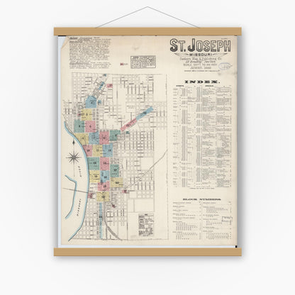 Old map wall art mockup — magnetic wood frame on white wall — Sanborn Fire Insurance Map from Saint Joseph, Buchanan County, Missouri (1883), Sheet #0001