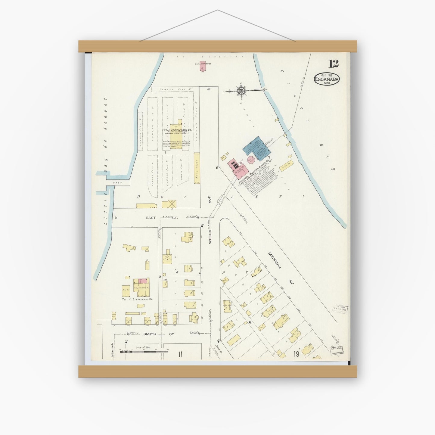 Old map wall art mockup — magnetic wood frame on white wall — Sanborn Fire Insurance Map from Escanaba, Delta County, Michigan (1913), Sheet #0012