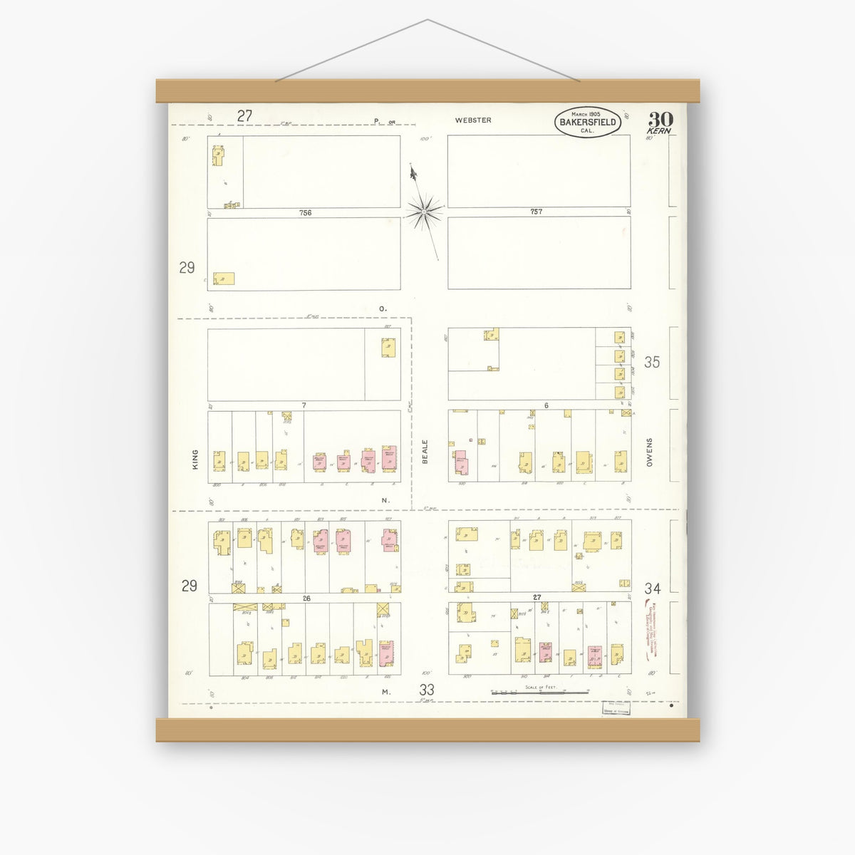 Old map wall art mockup — magnetic wood frame on white wall — Sanborn Fire Insurance Map from Bakersfield, Kern County, California (1905), Sheet #0030