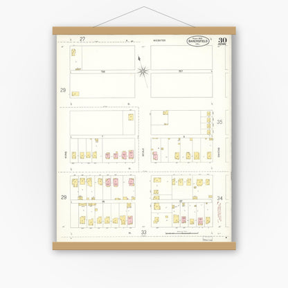 Old map wall art mockup — magnetic wood frame on white wall — Sanborn Fire Insurance Map from Bakersfield, Kern County, California (1905), Sheet #0030