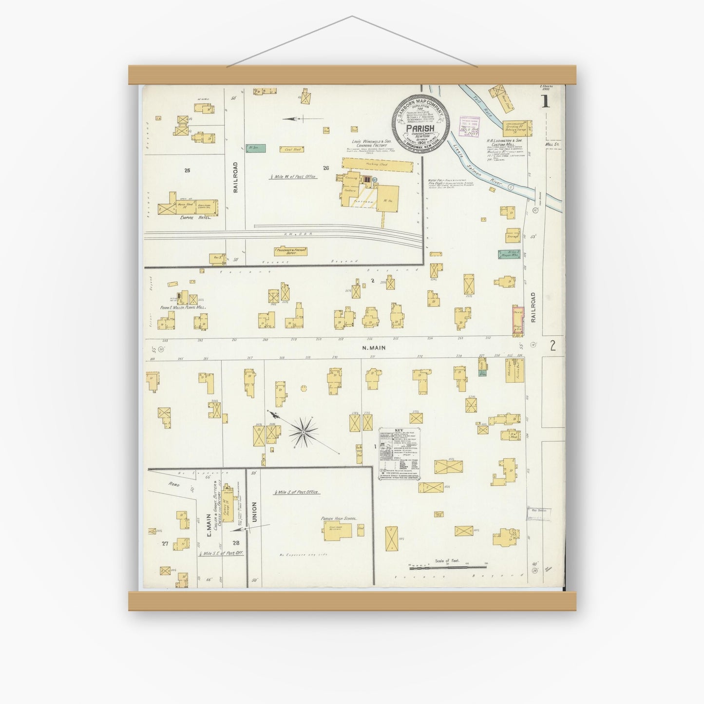 Old map wall art mockup — magnetic wood frame on white wall — Sanborn Fire Insurance Map from Parish, Oswego County, New York (1906) - Complete Map Set