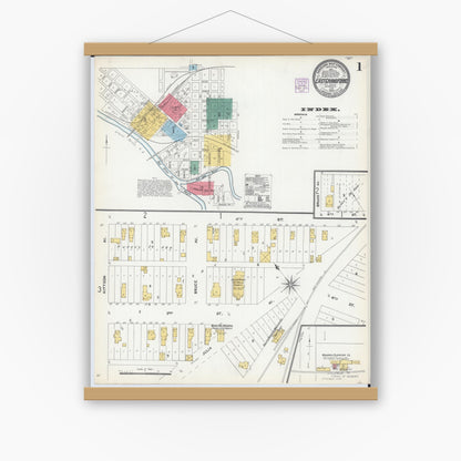 Old map wall art mockup — magnetic wood frame on white wall — Sanborn Fire Insurance Map from East Grand Forks, Polk County, Minnesota (1904), Sheet #0001