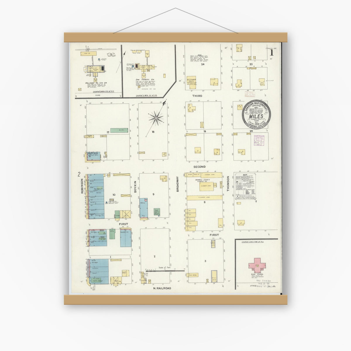 Old map wall art mockup — magnetic wood frame on white wall — Sanborn Fire Insurance Map from Miles, Runnels County, Texas (1908) - Complete Map Set