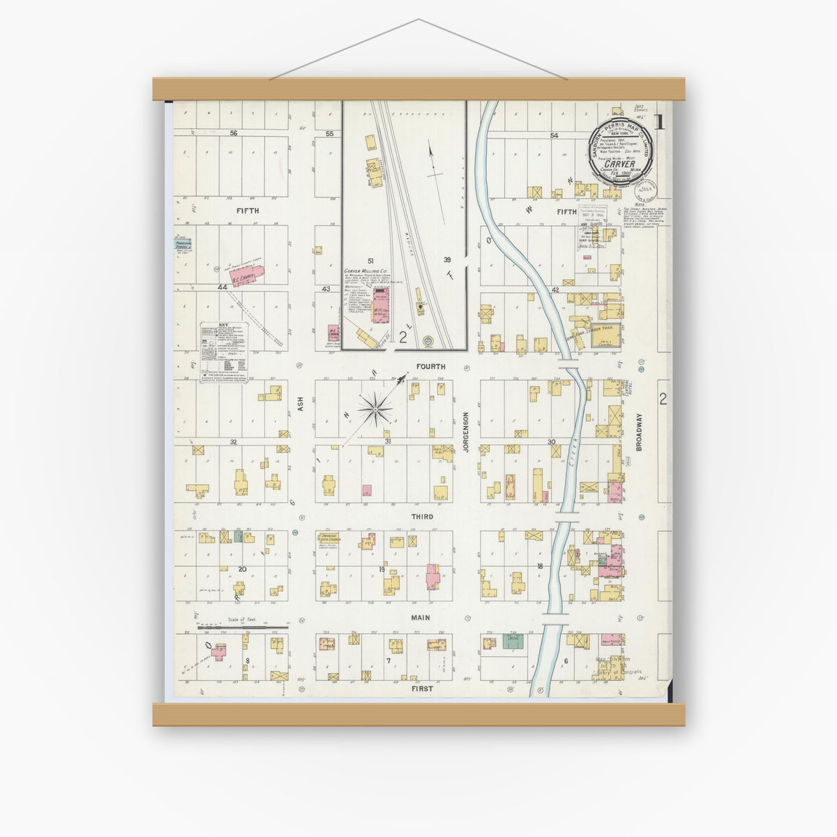 Old map wall art mockup — magnetic wood frame on white wall — Sanborn Fire Insurance Map from Carver, Carver County, Minnesota (1900), Sheet #0001
