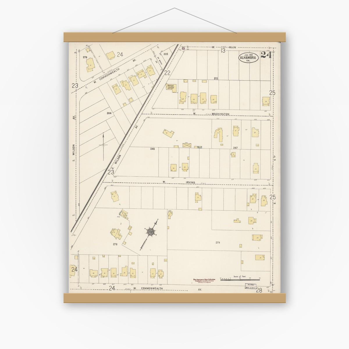 Old map wall art mockup — magnetic wood frame on white wall — Sanborn Fire Insurance Map from Alhambra, Los Angeles County, California (1912), Sheet #0024